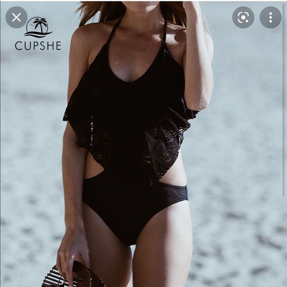 NWT Cupshe Black Lace Ruffle Halter Cutout One Piece Fashion Swimsuit - Size M - Picture 1 of 4
